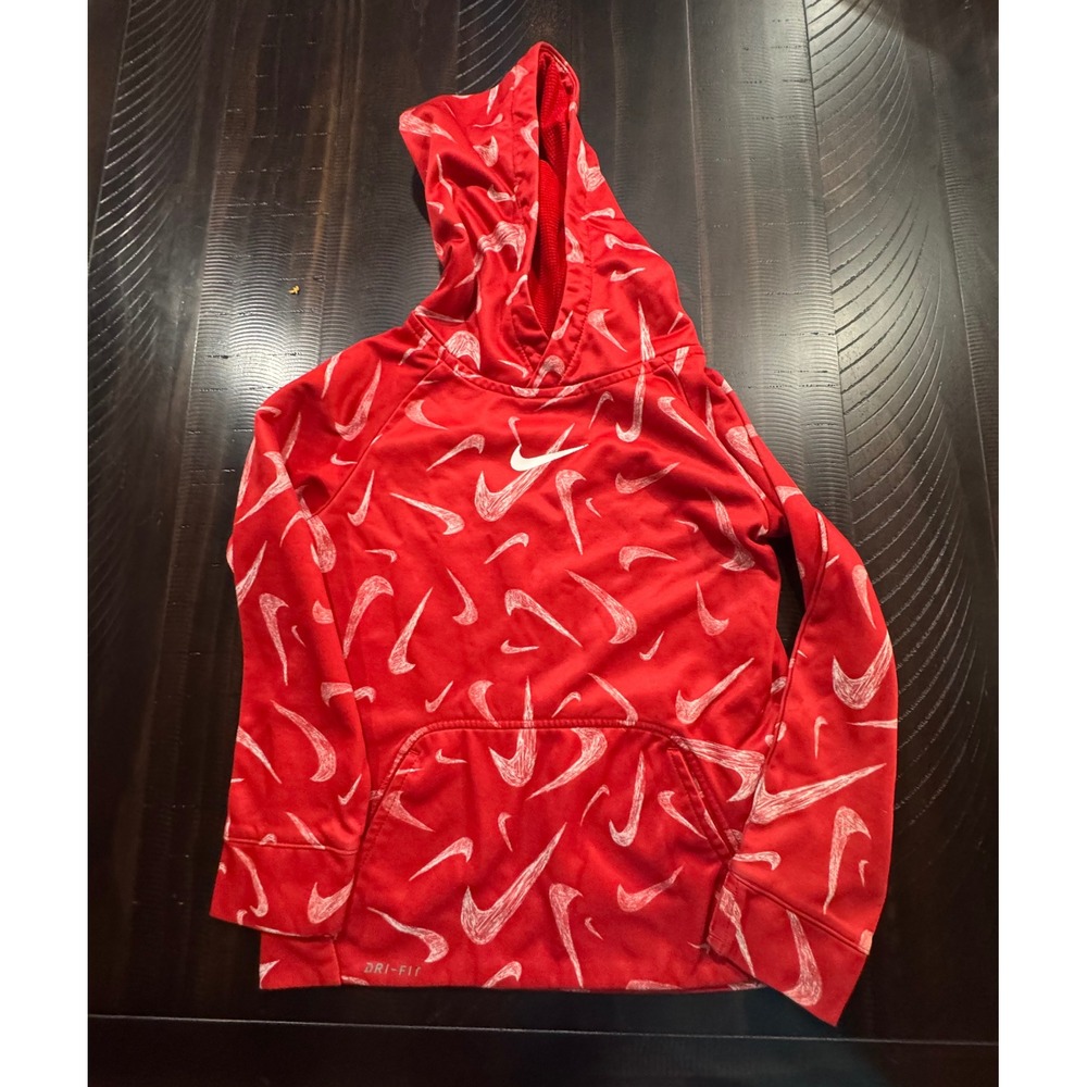 Nike Dri-FIT Kids Red All Over Scribble Swoosh Hoodie Sweatshirt Size L 6-7 Yrs